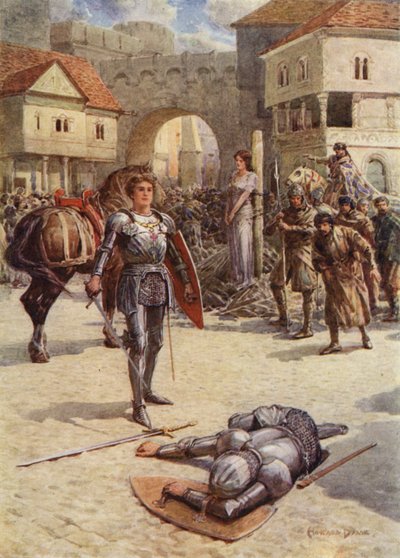 St George til redning, den stolte jarl af Coventry lå død (farve litho) af Howard Davie