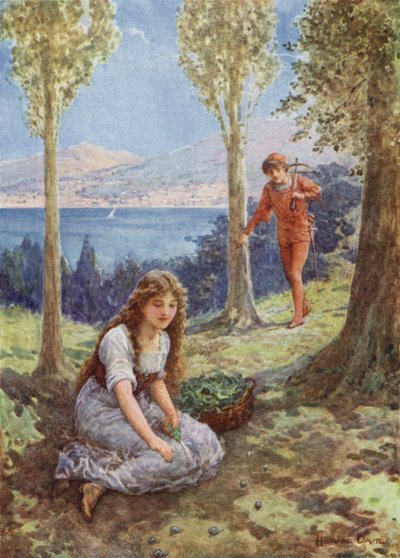 "Pludselig stoppede han og stirrede henrykt" fra "Filadoro" (farve litho) af Howard Davie