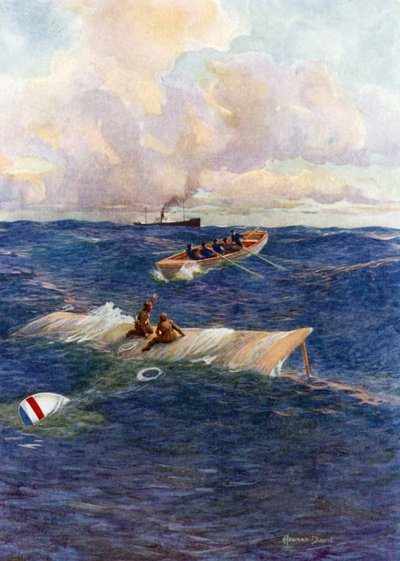 Redningsbåden af "The Mary of Denmark" redder Hawker and Grieve (farve litho) af Howard Davie