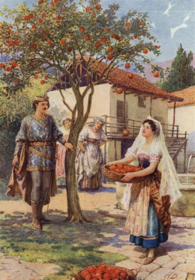 "Frugten faldt af sig selv i kurven" fra "The Fairy Kittens" (farve litho) af Howard Davie