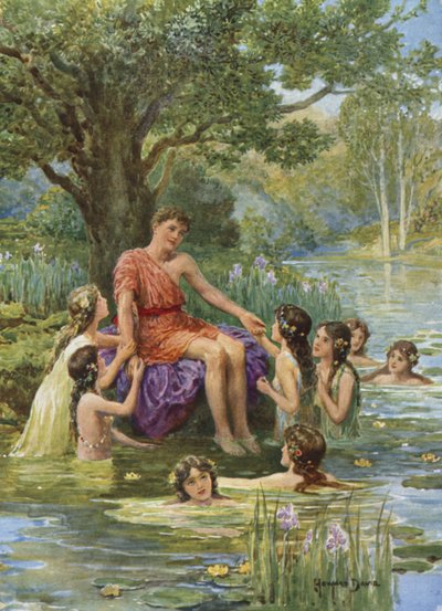 Vandnymferne kom for at se på ham og elskede ham. Fra hvordan argonauterne sejlede til Colchis (farve litho) af Howard Davie
