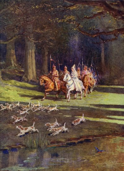 Hele selskabet drager ud i skoven (farve litho) af Howard Davie
