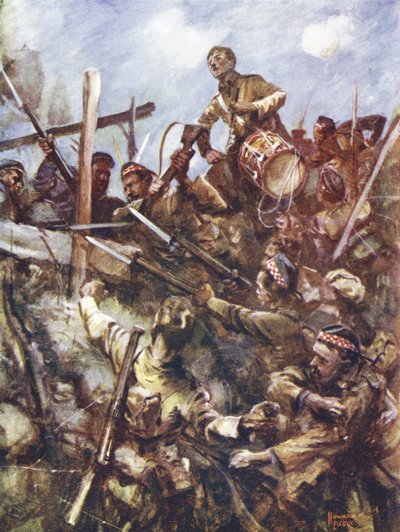 Trommeslager Walter Ritchie står på fjendens brystværn for at lyde angrebet under kraftig maskingeværild og bombeangreb, Beaumont Hamel, Frankrig, 1. juli 1916 af Howard K. Elcock
