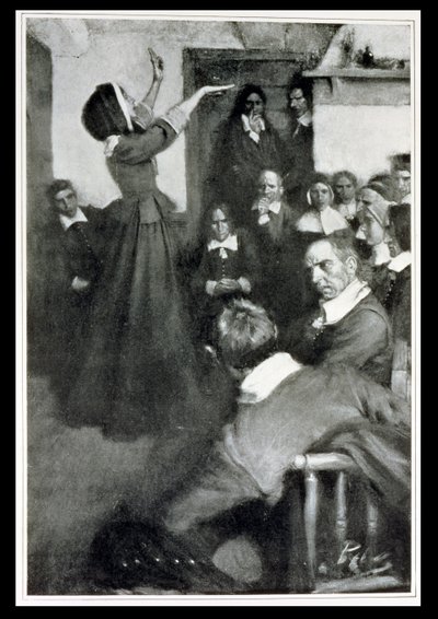 Anne Hutchinson prædiker i sit hus i Boston, 1637, illustration fra 