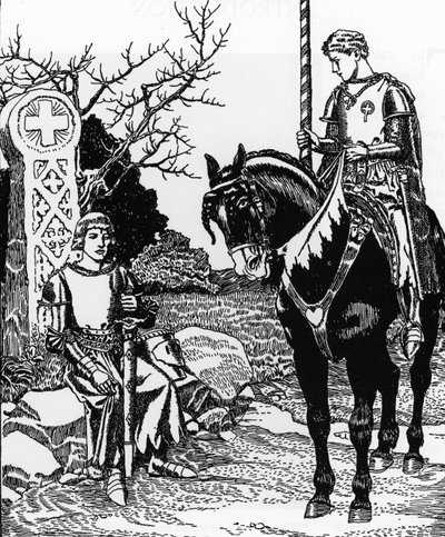 Arthurian Legend: Galahad Meets Melyas de Lyle Illustration af Howard Pyle (1853-1911) fra The Story of the Grail and the passing of Arthur” Privatsamling fra 1910 af Howard Pyle
