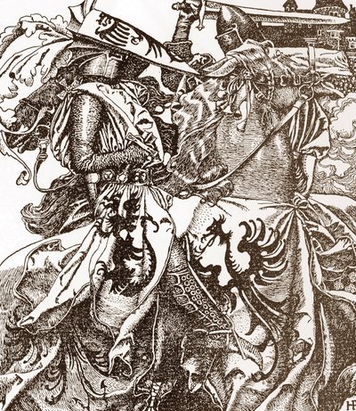 Arthurian Legend: Kay (Keu), ridder af det runde bord, brækker sit sværd ved en turnering (Sir Kay, ridder af det runde bord, brækker sit sværd ved en turnering) Illustration af Howard Pyle (1853-1911) fra "Historien af kong Arthur og hans riddere”” 190 af Howard Pyle