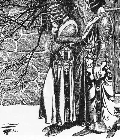 Arthurian Legend: The Knight Kay (Keu) and Perceval (Sir Kay and Sir Percival) Illustration af Howard Pyle (1853-1911) fra "The Story of the Champions of the Round Table"" 1905 Private Collection af Howard Pyle