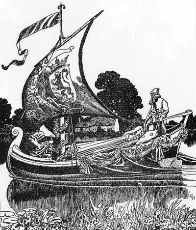 Arthurian Legend: The Barge of the Dead bringer kong Arthur lig Illustration af Howard Pyle (1853-1911) fra "The Story of Sir Launcelot and His Companions" 1907 Private Collection af Howard Pyle