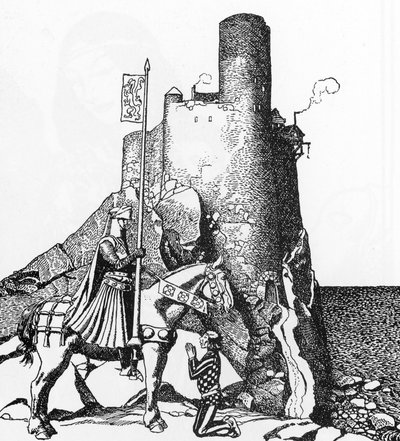 Arthurian Legend: Tristan ankommer til slottet i Nabon (Sir Tristam ankommer til slottet Sir Nabon) Illustration af Howard Pyle (1853-1911) fra "The Story of the champions of the round table"" 1905 Privat samling af Howard Pyle