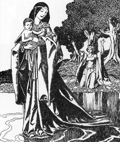 Arthurian Legend: la dame du Lacableve Lancelot enfant (Lancelot bliver båret af Lady of the Lake) Illustration af Howard Pyle (1853-1911) fra "Historien om mestrene ved det runde bord"" 1903 Privat samling af Howard Pyle