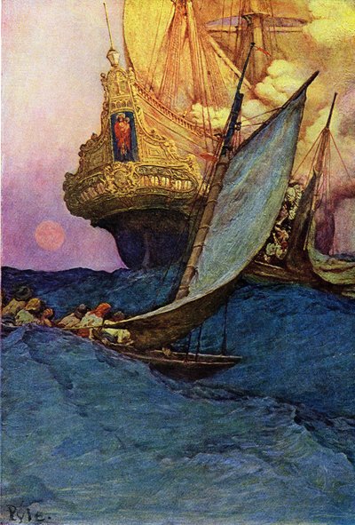 Angriber en galjon af pirater. "" Book of pirates Buccaneers and Marooners of the Spanish Main" af Howard Pyle (1853-1911), amerikansk illustrator af Howard Pyle