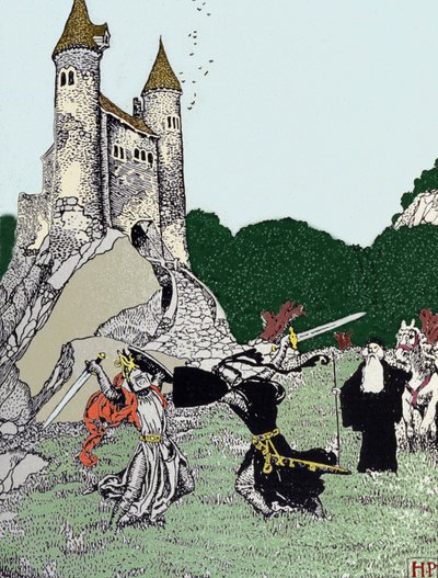 Kamp mellem kong Arthur (Artus) og den sorte ridder i nærværelse af den fortryllende Merlin. Illustration af Howard Pyle (1853 - 1911), amerikansk illustrator af Howard Pyle