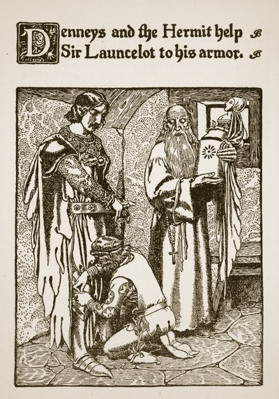 Denneys og Eremitten hjælper Sir Launcelot til hans rustning, illustration fra 