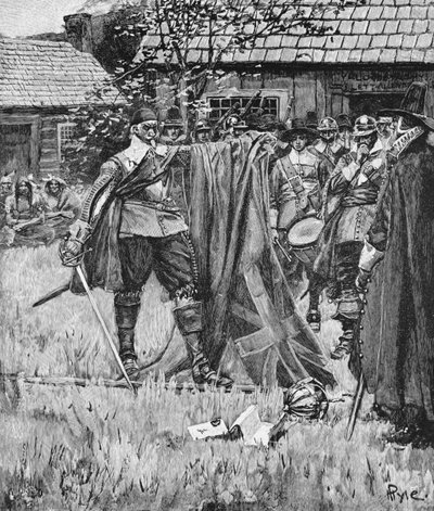 Endicott Cutting the Cross out of the English Flag, illustration fra "An English Nation" af Thomas Wentworth Higginson, udgivet i Harper