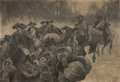 Fem rødklædte soldater til hest og en anden, der var tildækket til øjnene ... omkring dem en broget skare af fattige mennesker, unge og gamle. af Howard Pyle