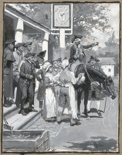Han stopper ved vejrhanens tegn, tegning af illustrationen til digtet af Howard Pyle