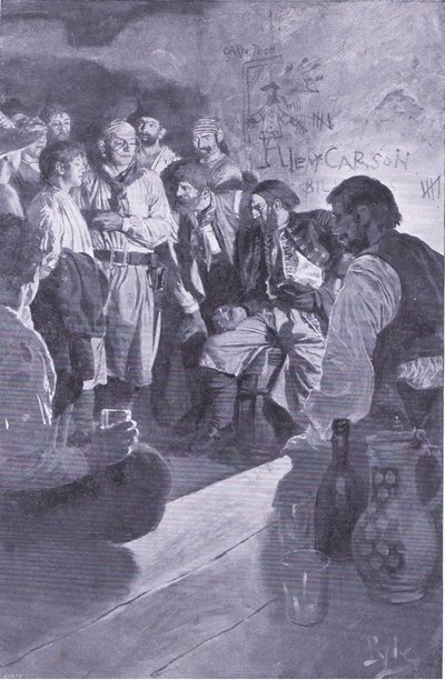 Han førte Jack op til manden, der sad på tønden, fra Howard Pyles Book of Pirates udgivet af Harper & Bros, 1921 af Howard Pyle