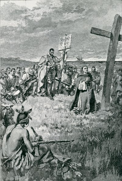 Jacques Cartier (1491-1557) Opsætning af et kors ved Gaspe, illustration fra 