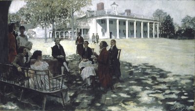 Martha og George Washington underholder deres venner på græsplænen ved Mount Vernon, 1898 (olie og grisaille på lærred) af Howard Pyle