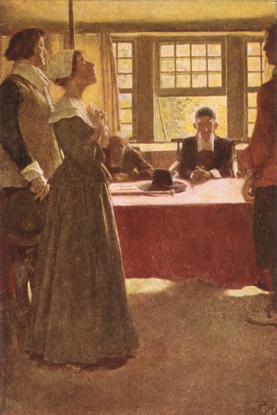 Mary Dyer bragt for guvernør Endicott, illustration fra "The Hanging of Mary Dyer" af Basil King, udgivet i McClure