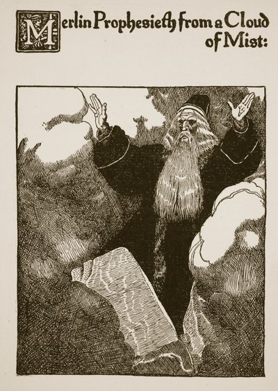 Merlin profeterer fra en sky af tåge, illustration fra 