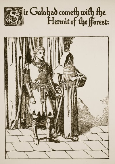 Sir Galahad kommer med Skovens Eremit, illustration fra 