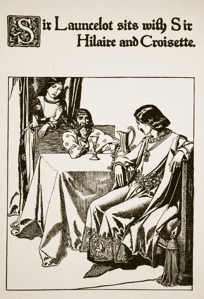 Sir Launcelot sidder sammen med Sir Hilaire og Croisette, illustration fra 