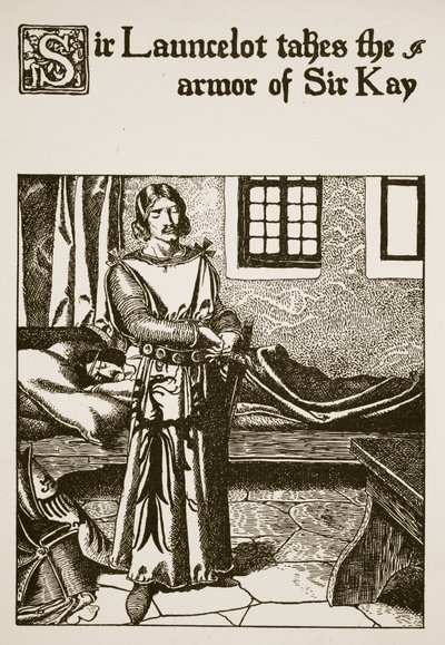 Sir Launcelot tager rustningen fra Sir Kay, illustration fra 