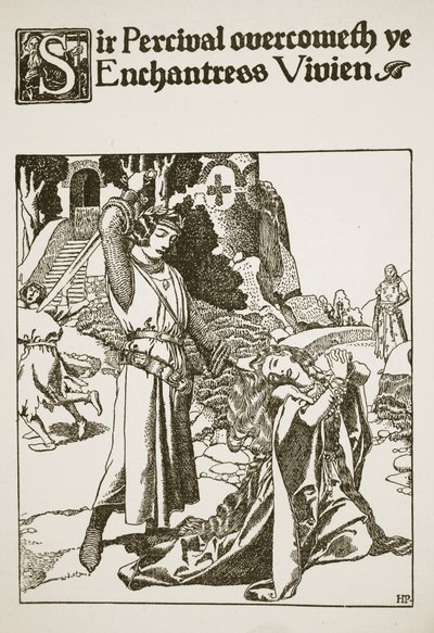 Sir Percival overvinder ye enchantress Vivien, illustration fra 