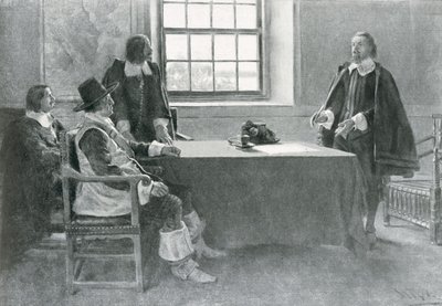Sir William Berkeley overgiver sig til Commonwealths kommissærer, illustration fra 