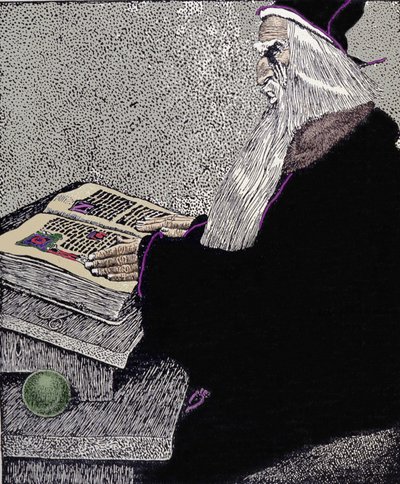 Tryllekunstneren Merlin. Illustration af Howard Pyle (1853 - 1911), amerikansk tegneserieskaber, til "The Story of King Arthur and His Knights" af Howard Pyle