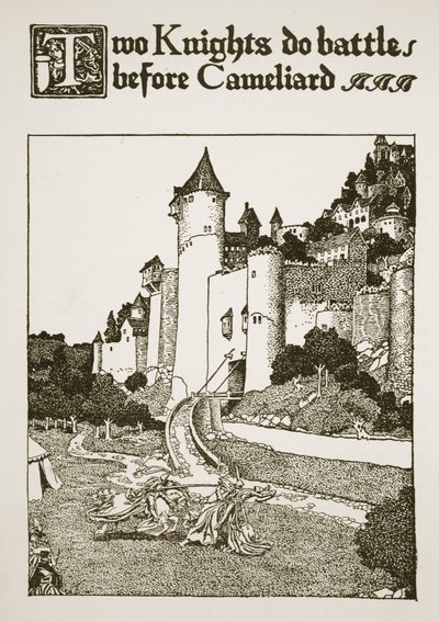 To riddere i kamp foran Cameliard, illustration fra "The Story of King Arthur and his Knights", 1903 af Howard Pyle