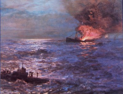 Handelsskib beskudt af tysk ubåd under 2. verdenskrig (farvelitografi) af Howard Russell Butler