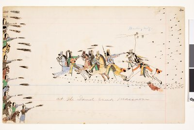 Ved Sand Creek-massakren, 1874-75 (pen, blæk og wc på hovedbogspapir) af Howling Wolf