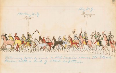 På vej tilbage fra et togt til det gamle Mexico over de afmærkede sletter med en flok kvæg, 1874-75 (pen, blæk og wc på hovedbogspapir) af Howling Wolf