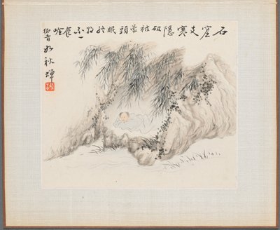 Album med landskabsmalerier, der illustrerer gamle digte: En mand ligger i en bambuslund af Hua Yan