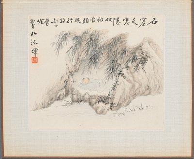 Album med landskabsmalerier, der illustrerer gamle digte: En mand ligger i en bambuslund, 1700-tallet. af Hua Yan