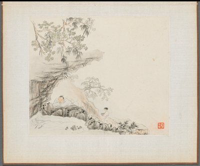 Album med landskabsmalerier, der illustrerer gamle digte: A Man Lies under a Rocky Overhang, 1700-tallet. af Hua Yan