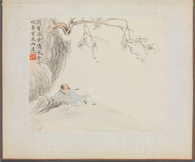 Album med landskabsmalerier, der illustrerer gamle digte: En mand læner sig tilbage..., 1700-tallet. af Hua Yan