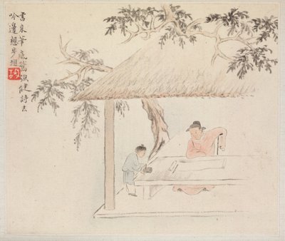 Album med landskabsmalerier, der illustrerer gamle digte: En mand sidder ved et bord..., 1700-tallet. af Hua Yan