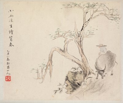 Album med landskabsmalerier, der illustrerer gamle digte: En mand sidder på en vandbøffel, 1700-tallet. af Hua Yan