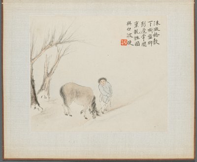 Album med landskabsmalerier, der illustrerer gamle digte: En mand og en hest ved en strøm, 1700-tallet. af Hua Yan