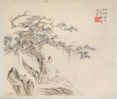 Album med landskabsmalerier, der illustrerer gamle digte: En gammel mand sidder under et fyrretræ..., 1700-tallet. af Hua Yan