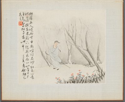 Album med landskabsmalerier, der illustrerer gamle digte: En gammel mand med en stav, 1700-tallet. af Hua Yan