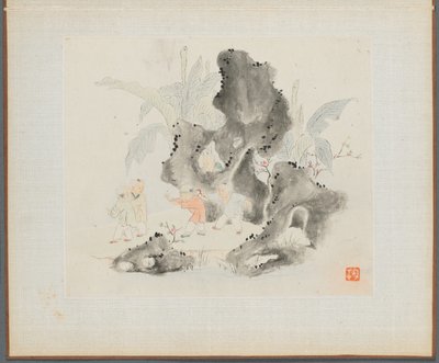 Album med landskabsmalerier, der illustrerer gamle digte: Børn leger i en klippelund, 1700-tallet. af Hua Yan