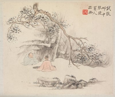 Album med landskabsmalerier, der illustrerer gamle digte: To figurer udenfor..., 1700-tallet. af Hua Yan