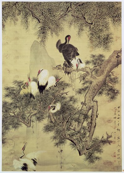 Otte rødkammede hejrer i et fyrretræ, 1754 af Hua Yan