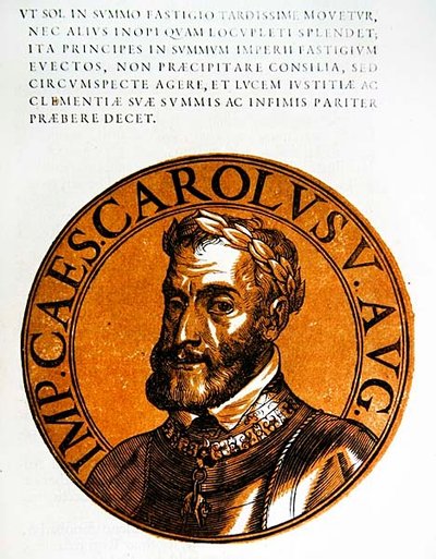 Medaljonportræt af Karl V, den hellige romerske kejser af Hubert (after) Goltzius