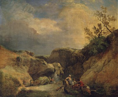 Et klippefyldt skovlandskab med rejsende, der taler ved et vandfald (olie på lærred) af Hubert (circle of) Robert