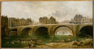 Nedrivning af husene på Notre-Dame-broen i ... af Hubert (circle of) Robert